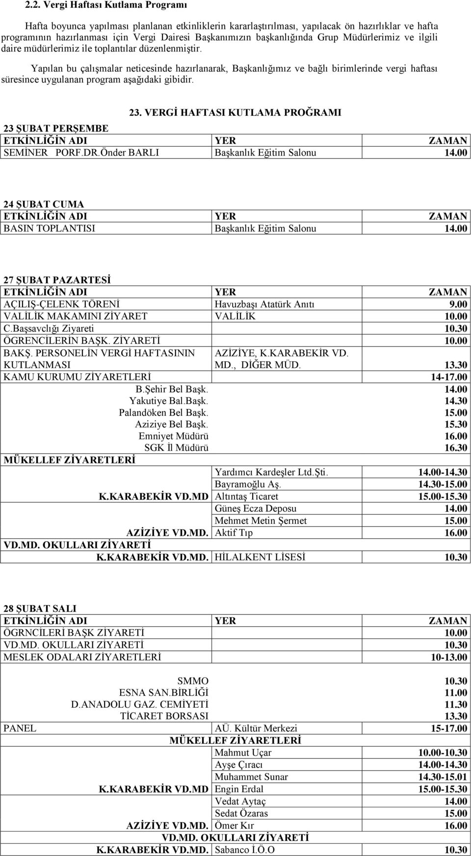 Yapılan bu çalışmalar neticesinde hazırlanarak, Başkanlığımız ve bağlı birimlerinde vergi haftası süresince uygulanan program aşağıdaki gibidir. 23.