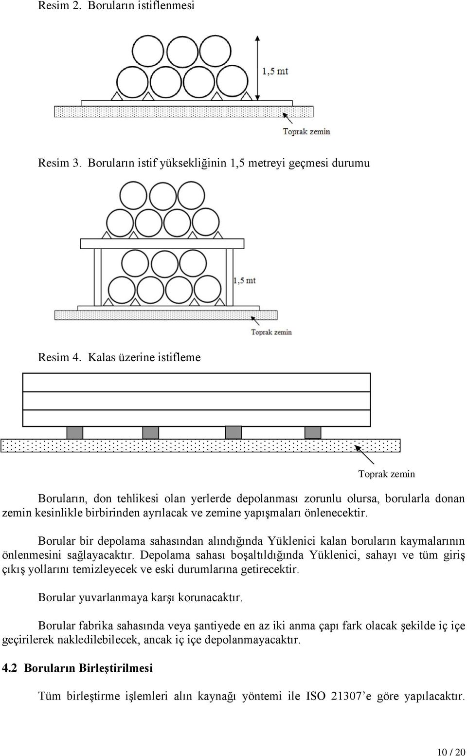 Borular bir depolama sahasından alındığında Yüklenici kalan boruların kaymalarının önlenmesini sağlayacaktır.