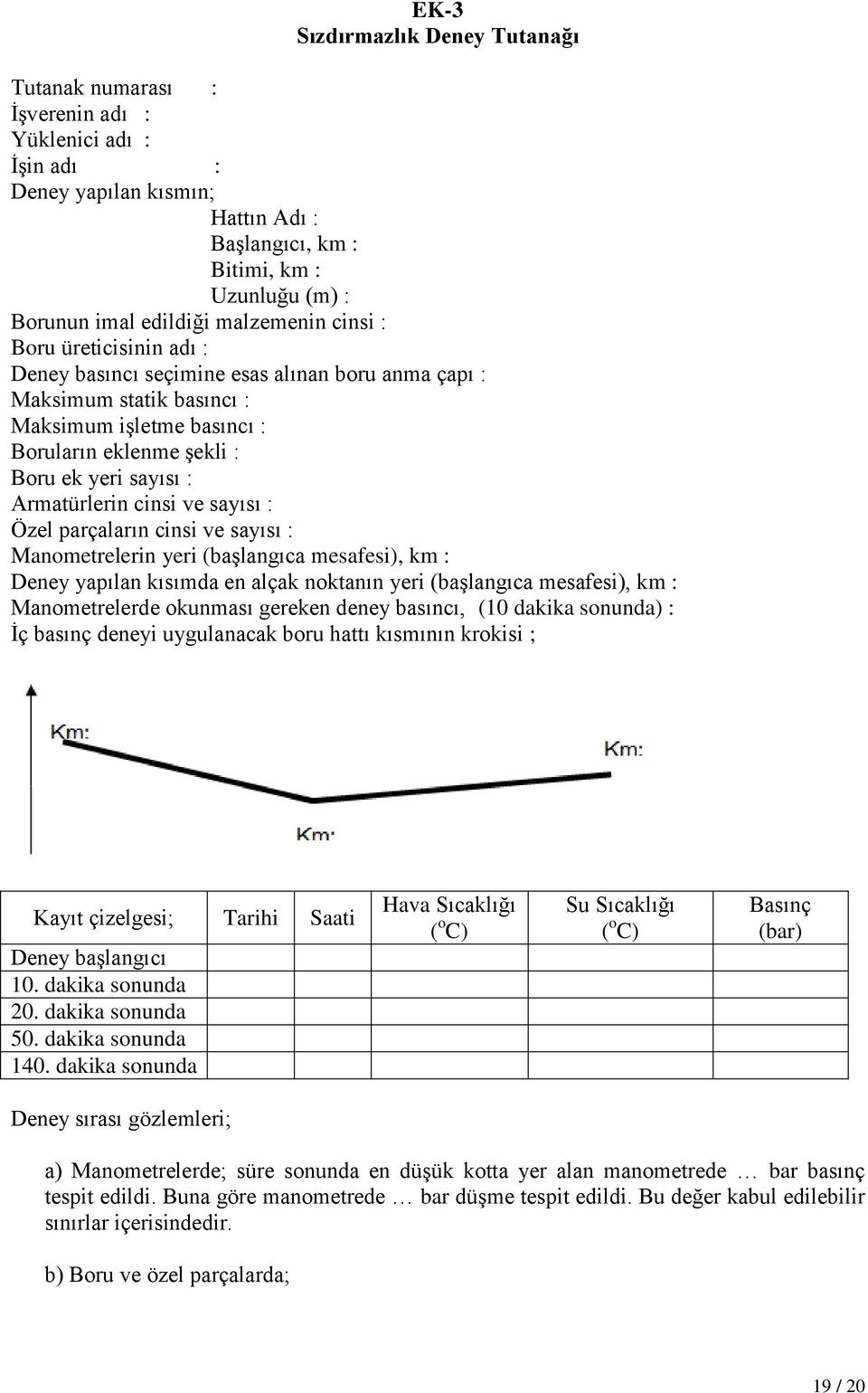 Armatürlerin cinsi ve sayısı : Özel parçaların cinsi ve sayısı : Manometrelerin yeri (başlangıca mesafesi), km : Deney yapılan kısımda en alçak noktanın yeri (başlangıca mesafesi), km :