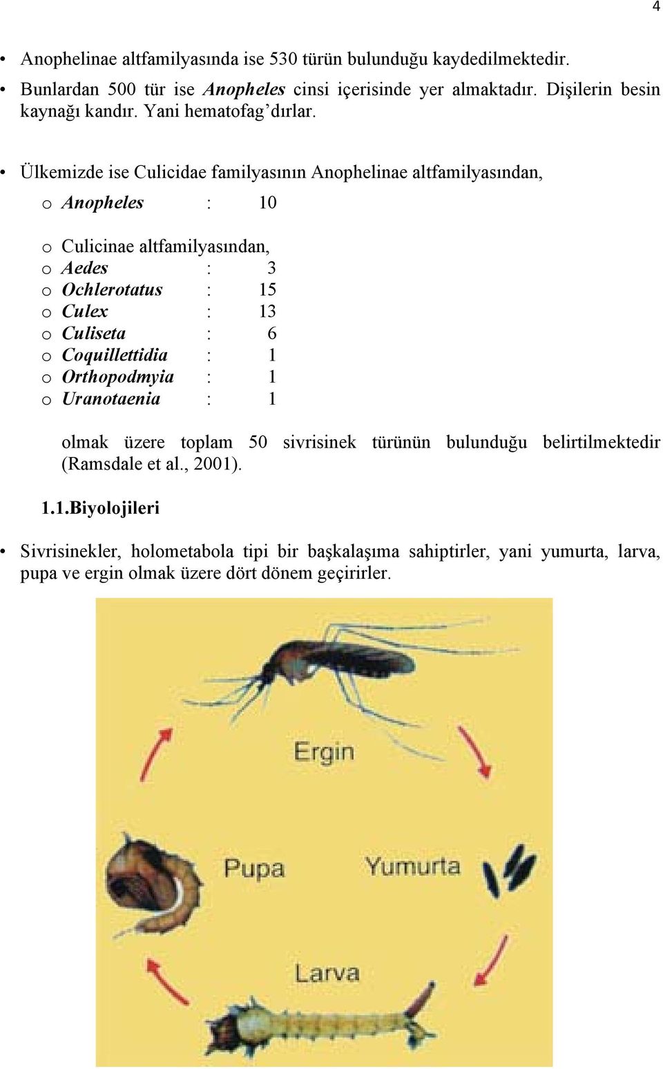 Ülkemizde ise Culicidae familyasının Anophelinae altfamilyasından, o Anopheles : 10 o Culicinae altfamilyasından, o Aedes : 3 o Ochlerotatus : 15 o Culex : 13 o