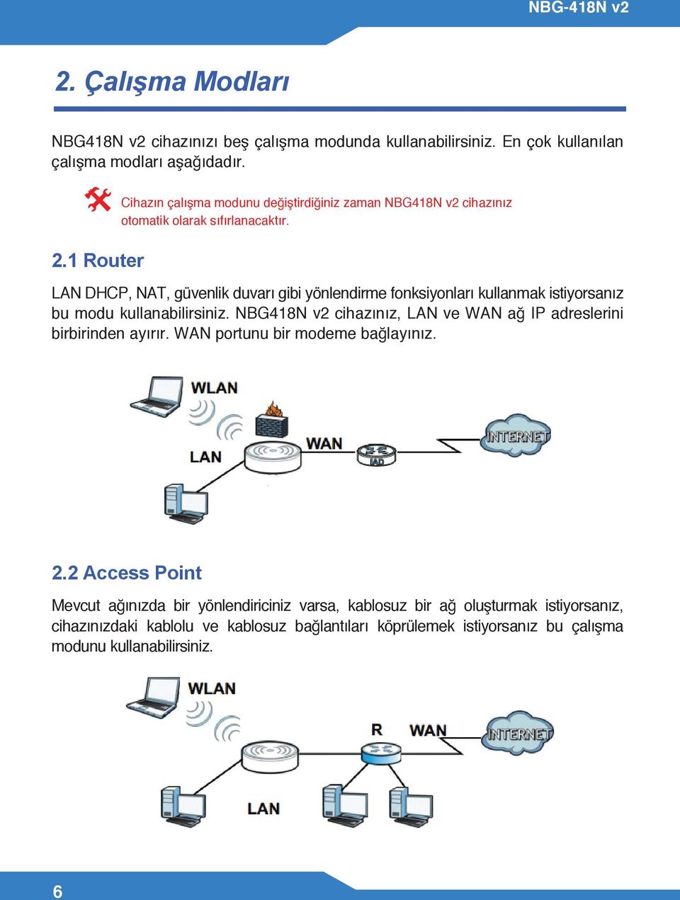 LAN DHCP, NAT, güvenlik duvarı gibi yönlendirme fonksiyonları kullanmak istiyorsanız bu modu kullanabilirsiniz.