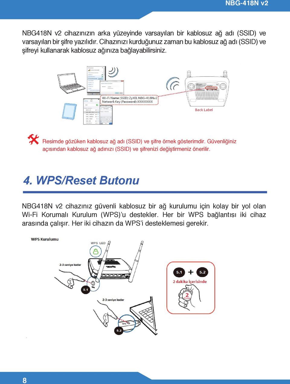 Resimde gözüken kablosuz ağ adı (SSID) ve şifre örnek gösterimdir. Güvenliğiniz açısından kablosuz ağ adınızı (SSID) ve şifrenizi değiştirmeniz önerilir.