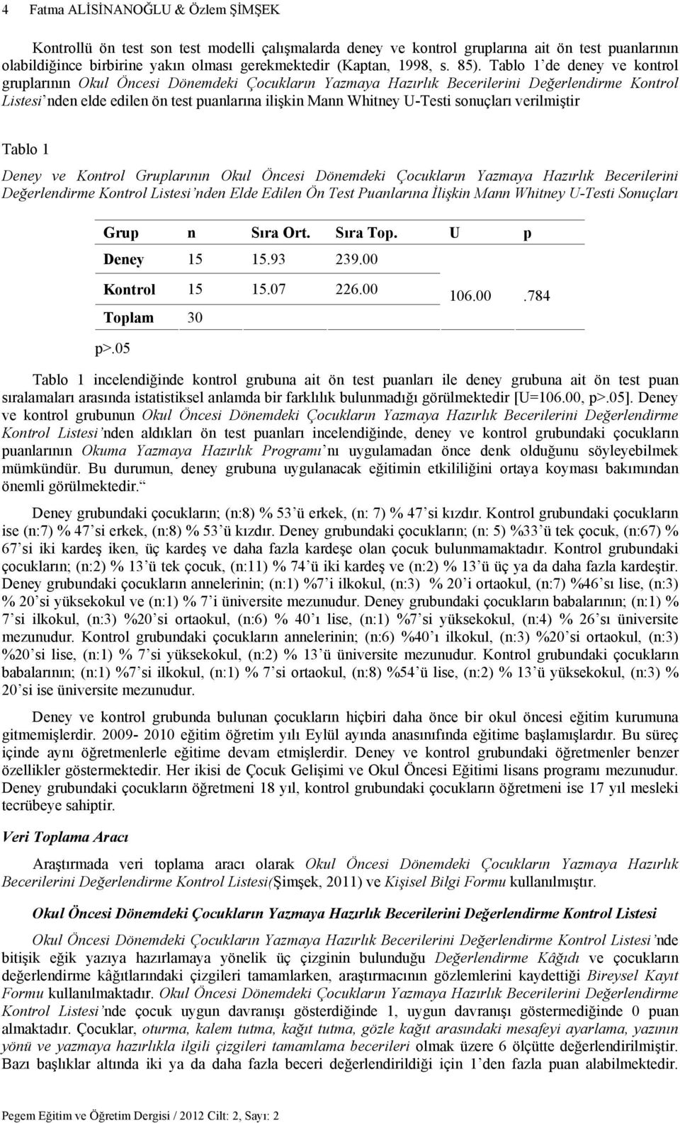 Tablo 1 de deney ve kontrol gruplarının Okul Öncesi Dönemdeki Çocukların Yazmaya Hazırlık Becerilerini Değerlendirme Kontrol Listesi nden elde edilen ön test puanlarına ilişkin Mann Whitney U-Testi