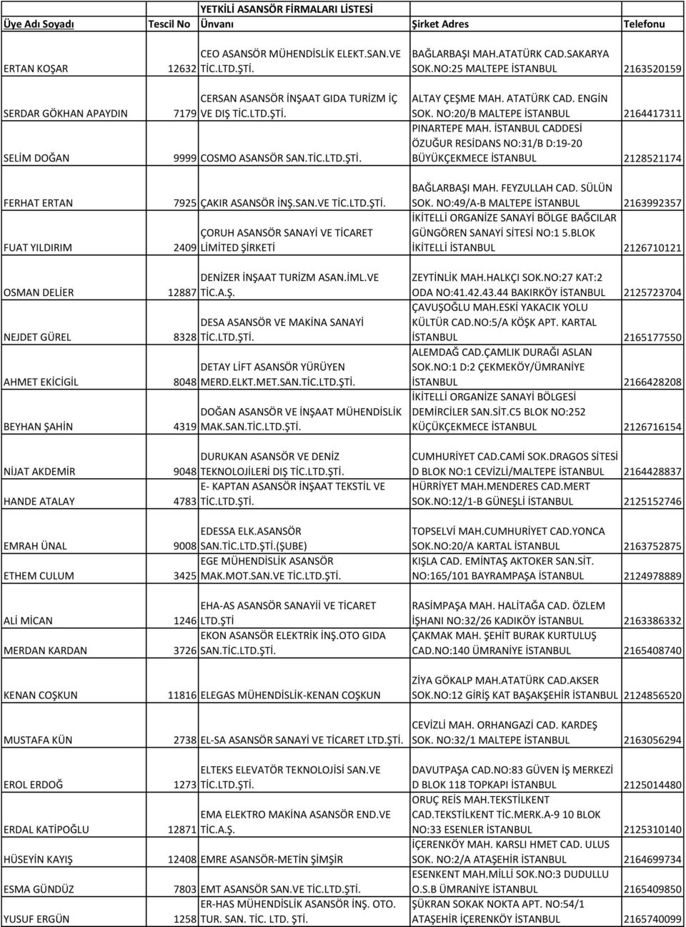 İML.VE DESA ASANSÖR VE MAKİNA SANAYİ DETAY LİFT ASANSÖR YÜRÜYEN MERD.ELKT.MET.SAN. DOĞAN ASANSÖR VE İNŞAAT MÜHENDİSLİK MAK.SAN. DURUKAN ASANSÖR VE DENİZ NİJAT AKDEMİR 9048 TEKNOLOJİLERİ DIŞ E- KAPTAN ASANSÖR İNŞAAT TEKSTİL VE HANDE ATALAY 4783 EDESSA ELK.