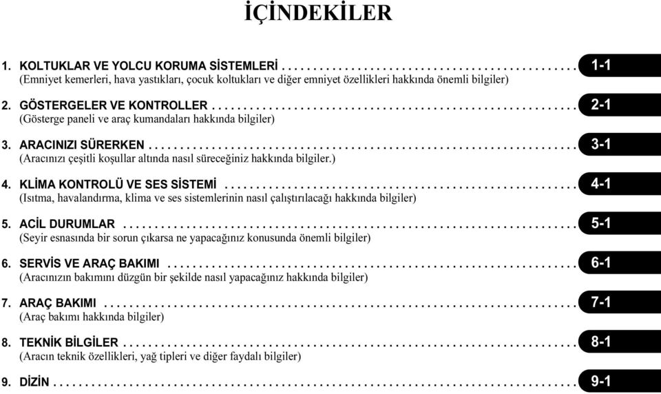 .................................................................... 3-1 (Aracınızı çeşitli koşullar altında nasıl süreceğiniz hakkında bilgiler.) 4. KLİMA KONTROLÜ VE SES SİSTEMİ.