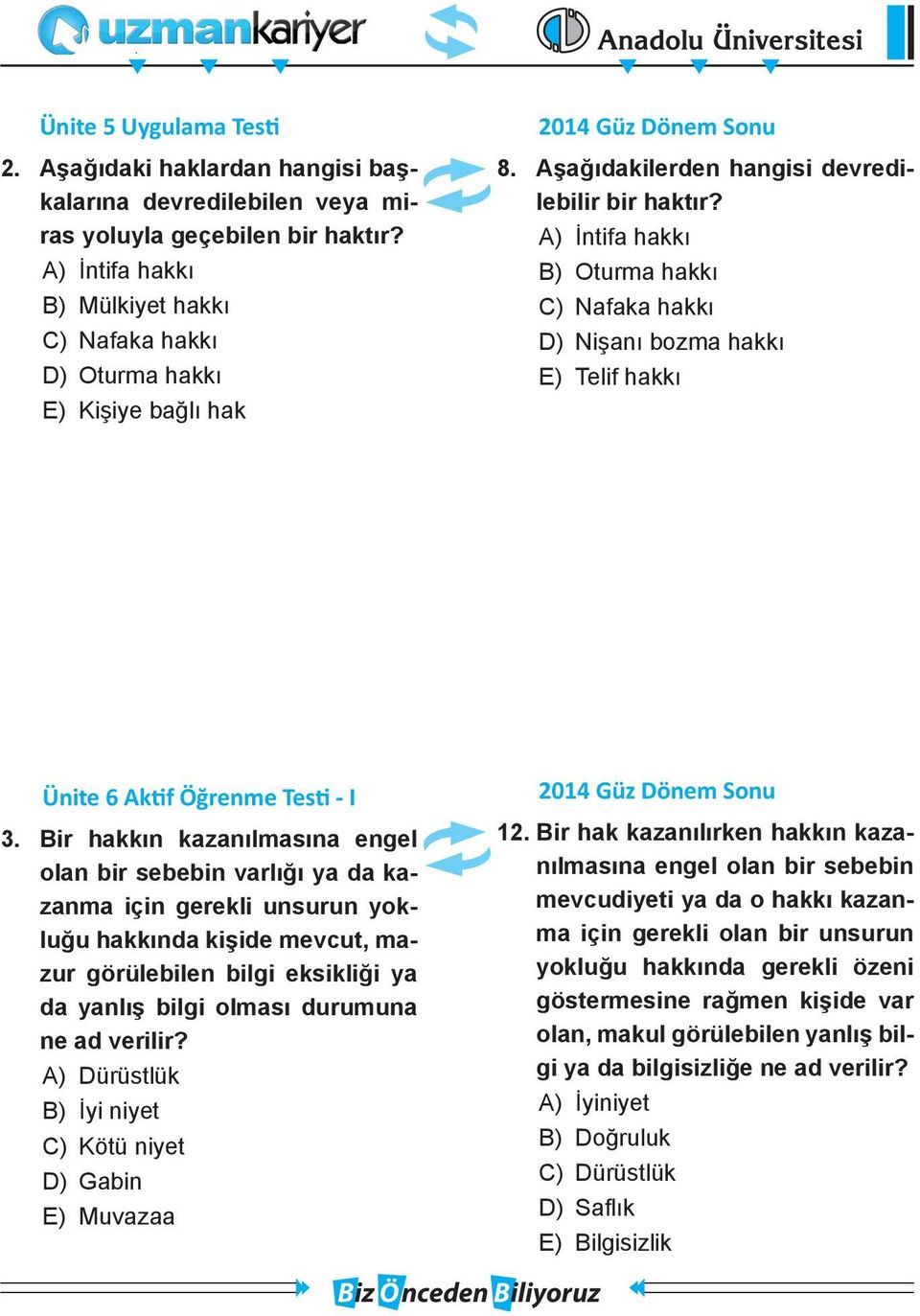 A) İntifa hakkı B) Oturma hakkı C) Nafaka hakkı D) Nişanı bozma hakkı E) Telif hakkı Ünite 6 Aktif Öğrenme Testi - I 3.