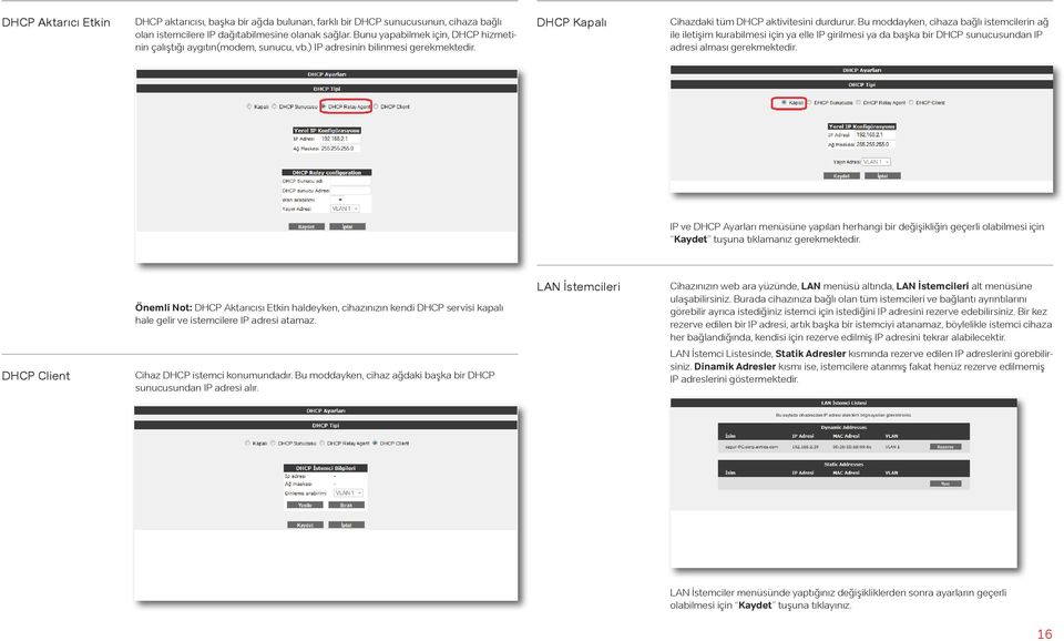 Bu moddayken, cihaza bağlı istemcilerin ağ ile iletişim kurabilmesi için ya elle IP girilmesi ya da başka bir DHCP sunucusundan IP adresi alması gerekmektedir.