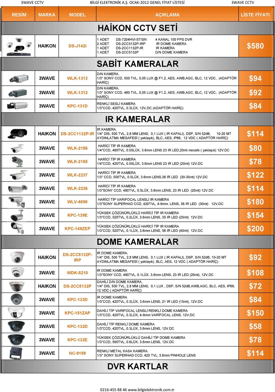 DS-2CC1132P-IR IR KAMERA 1 ADET DS-2CC5132P D/N DOME KAMERA $580 SABİT KAMERALAR WLK-1313 WLK-1312 KPC-131D D/N KAMERA. 1/3" SONY CCD, 550 TVL, 0,05 LUX @ F1.