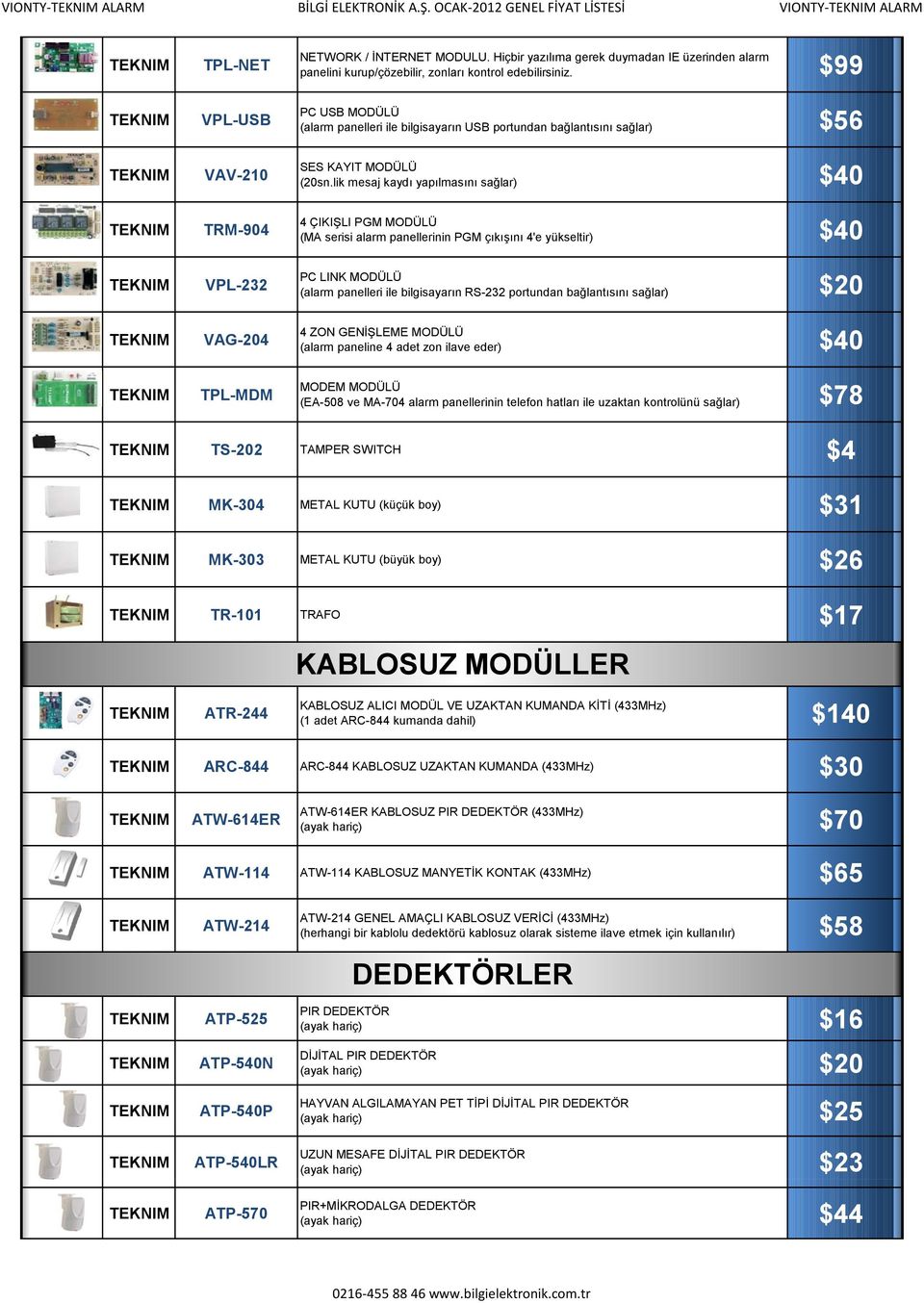 $99 VPL-USB VAV-210 TRM-904 VPL-232 VAG-204 TPL-MDM PC USB MODÜLÜ (alarm panelleri ile bilgisayarın USB portundan bağlantısını sağlar) $56 SES KAYIT MODÜLÜ (20sn.