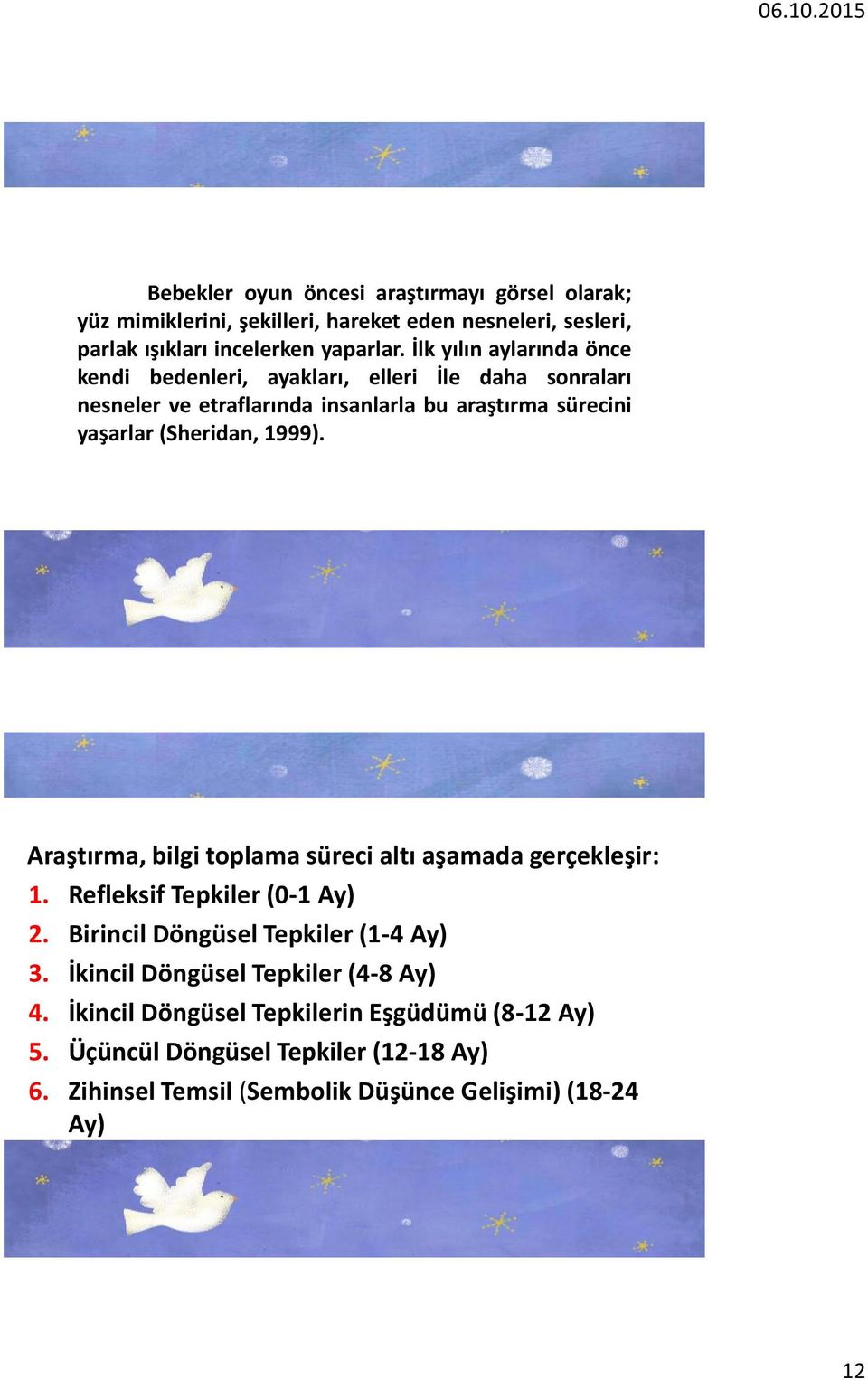 1999). Araştırma, bilgi toplama süreci altı aşamada gerçekleşir: 1. Refleksif Tepkiler (0-1 Ay) 2. Birincil Döngüsel Tepkiler (1-4 Ay) 3.