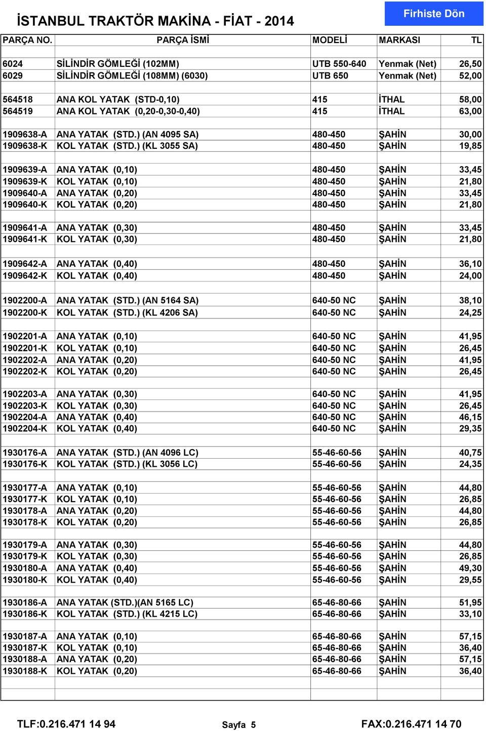 ) (KL 3055 SA) 480-450 ŞAHİN 19,85 1909639-A ANA YATAK (0,10) 480-450 ŞAHİN 33,45 1909639-K KOL YATAK (0,10) 480-450 ŞAHİN 21,80 1909640-A ANA YATAK (0,20) 480-450 ŞAHİN 33,45 1909640-K KOL YATAK