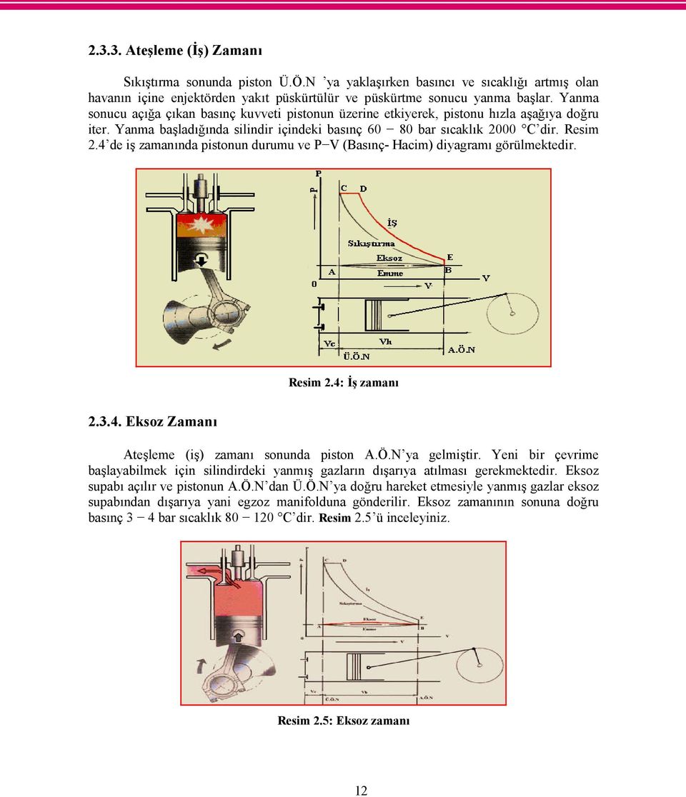 4 de iş zamanında pistonun durumu ve P V (Basınç- Hacim) diyagramı görülmektedir. Resim 2.4: İş zamanı 2.3.4. Eksoz Zamanı Ateşleme (iş) zamanı sonunda piston A.Ö.N ya gelmiştir.