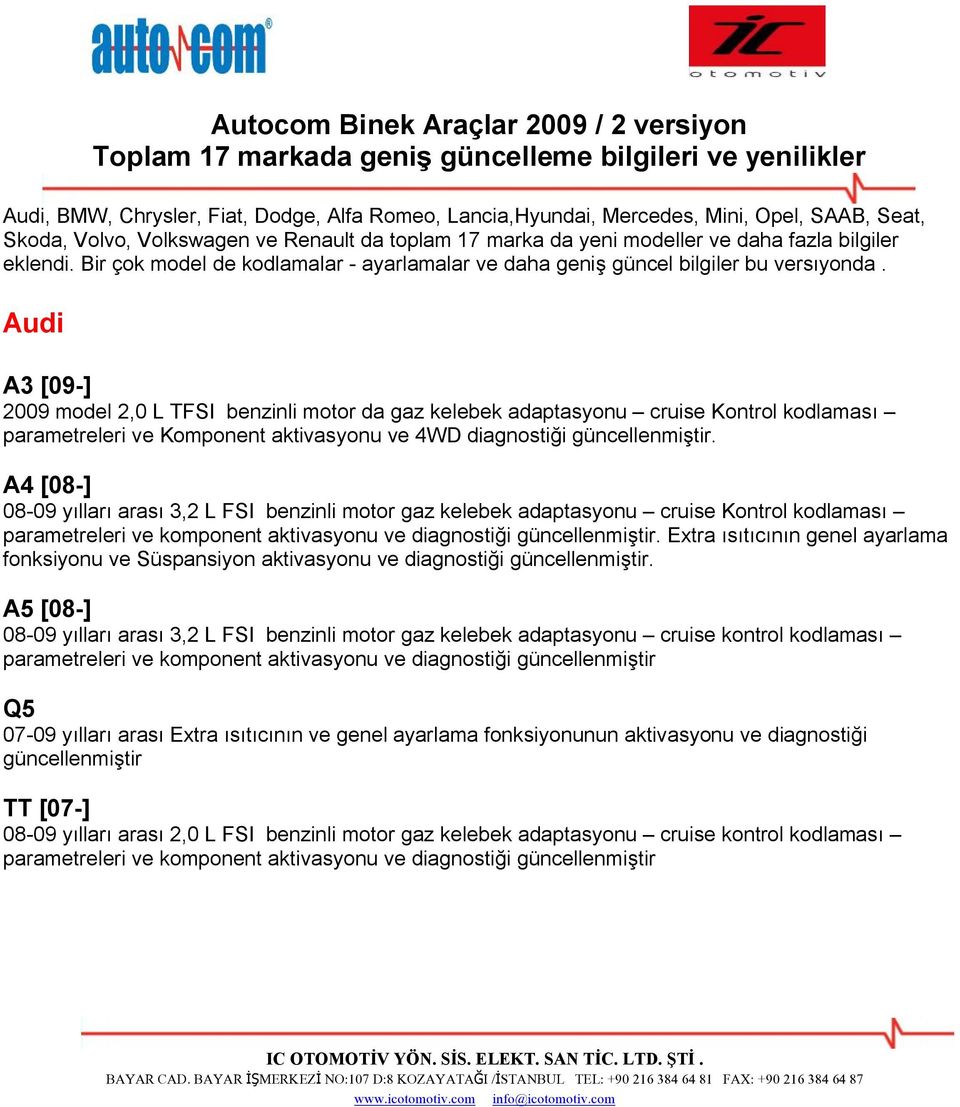 Audi A3 [09-] 2009 model 2,0 L TFSI benzinli motor da gaz kelebek adaptasyonu cruise Kontrol kodlaması parametreleri ve Komponent aktivasyonu ve 4WD diagnostiği güncellenmiştir.