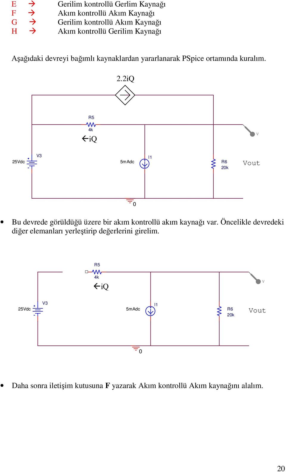 2iQ R5 4k -->iq iq V 25Vdc V3 5mAdc I1 R6 20k Vout 0 Bu devrede görüldüğü üzere bir akım kontrollü akım kaynağı var.