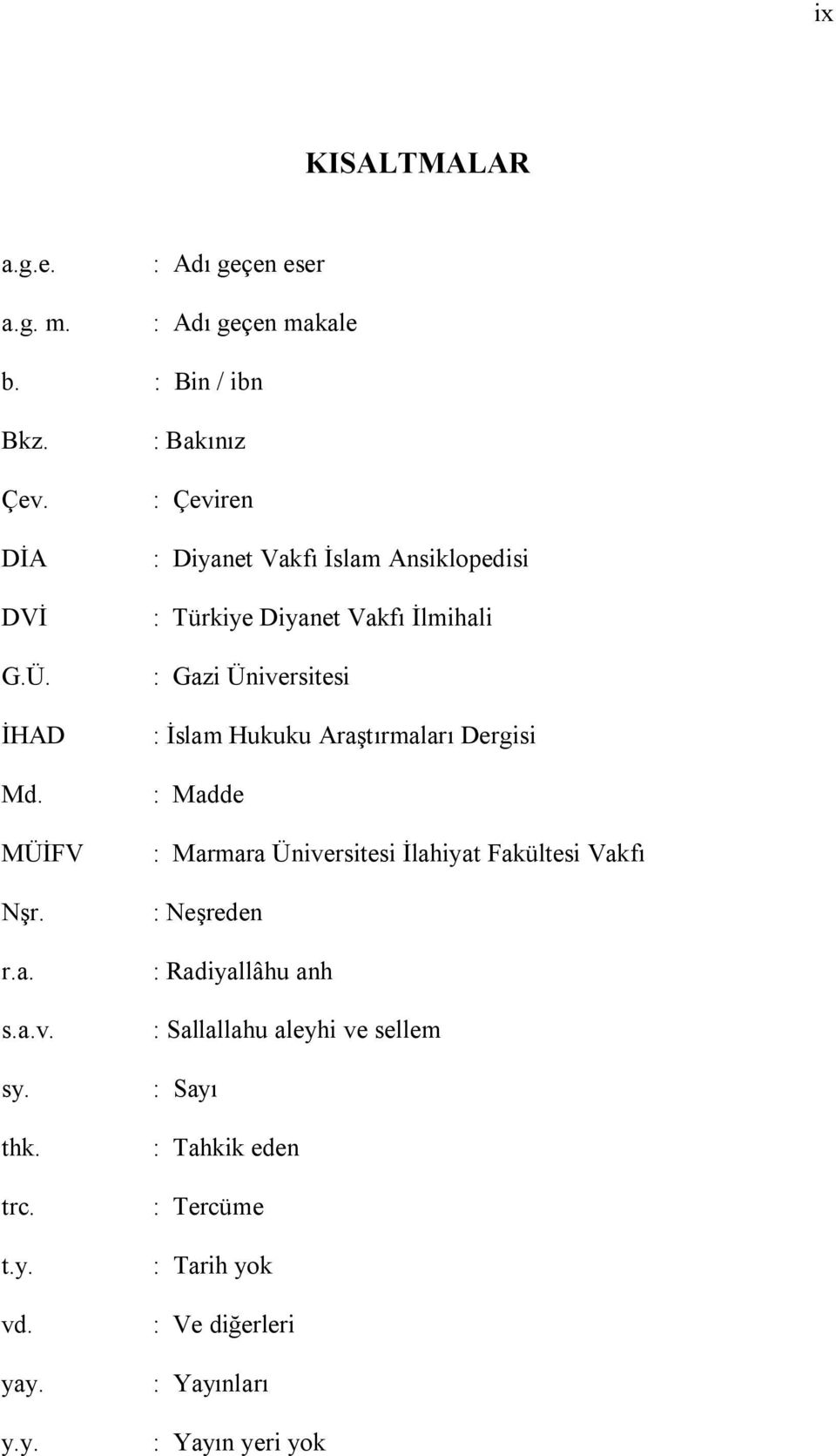 Dergisi Md. : Madde MÜİFV : Marmara Üniversitesi İlahiyat Fakültesi Vakfı Nşr. : Neşreden r.a. : Radiyallâhu anh s.a.v. : Sallallahu aleyhi ve sellem sy.