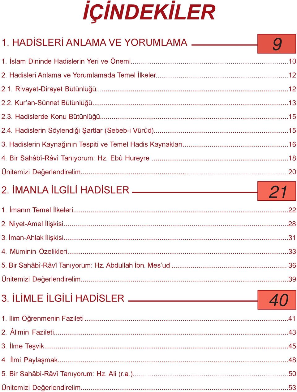 Ebû Hureyre...18 Ünitemizi Değerlendirelim...20 2. İMANLA İLGİLİ HADİSLER 1. İmanın Temel İlkeleri...22 2. Niyet-Amel İlişkisi...28 3. İman-Ahlak İlişkisi...31 4. Müminin Özelikleri...33 5.