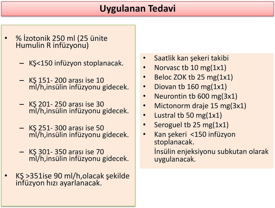 KŞ 301-350 arası ise 70 ml/h,insülin infüzyonu gidecek.