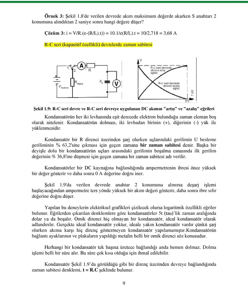 9: R-C seri devre ve R-C seri devreye uygulanan DC akımın "artış" ve "azalış" eğrileri Kondansatörün her iki levhasında eşit derecede elektron bulunduğu zaman eleman boş olarak nitelenir.