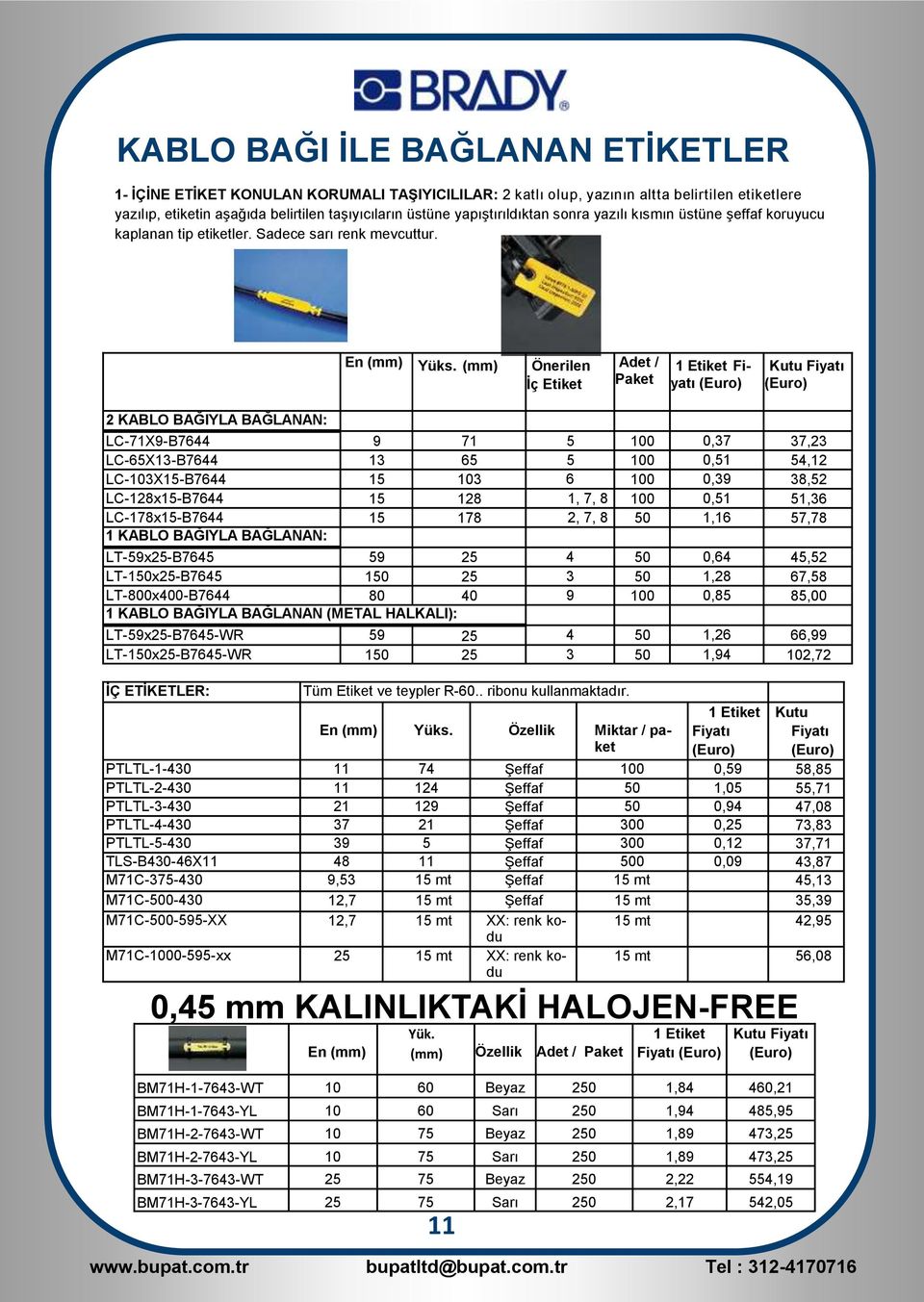 (mm) Önerilen İç Etiket Adet / Paket 1 Etiket Fiyatı (Euro) Kutu Fiyatı (Euro) 2 KABLO BAĞIYLA BAĞLANAN: LC-71X9-B7644 9 71 5 100 0,37 37,23 LC-65X13-B7644 13 65 5 100 0,51 54,12 LC-103X15-B7644 15