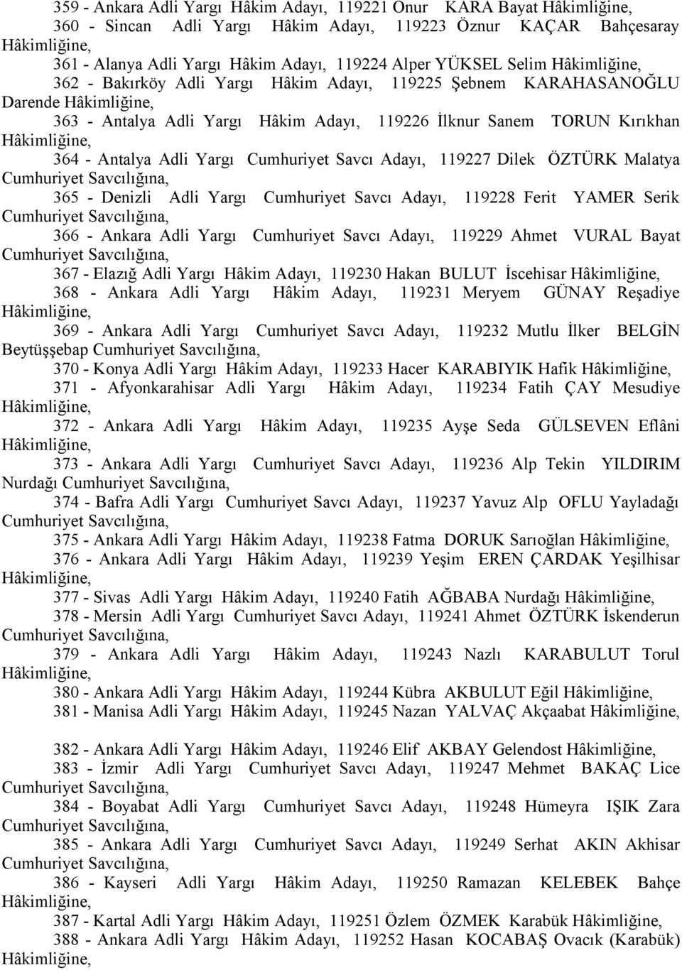 Dilek ÖZTÜRK Malatya 365 - Denizli Adli Yargı Cumhuriyet Savcı Adayı, 119228 Ferit YAMER Serik 366 - Ankara Adli Yargı Cumhuriyet Savcı Adayı, 119229 Ahmet VURAL Bayat 367 - Elazığ Adli Yargı Hâkim