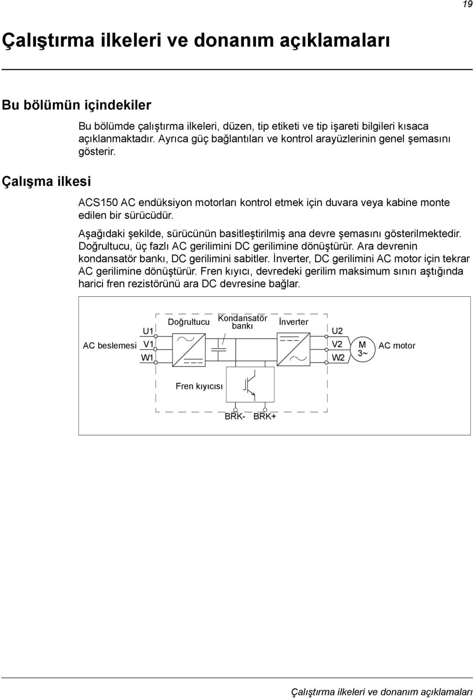 Aşağıdaki şekilde, sürücünün basitleştirilmiş ana devre şemasını gösterilmektedir. Doğrultucu, üç fazlı AC gerilimini DC gerilimine dönüştürür. Ara devrenin kondansatör bankı, DC gerilimini sabitler.