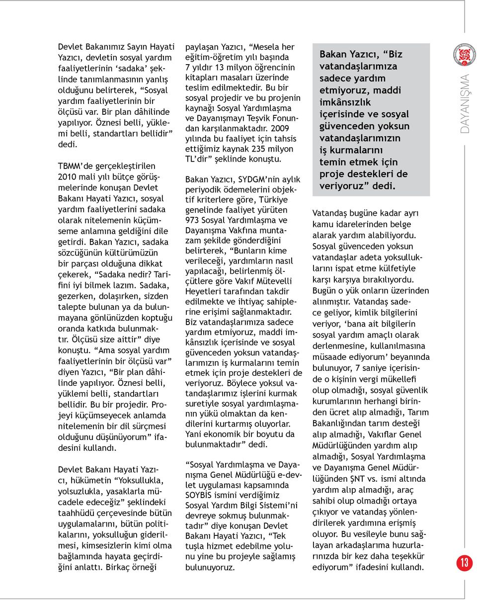 TBMM de gerçekleştirilen 2010 mali yılı bütçe görüşmelerinde konuşan Devlet Bakanı Hayati Yazıcı, sosyal yardım faaliyetlerini sadaka olarak nitelemenin küçümseme anlamına geldiğini dile getirdi.