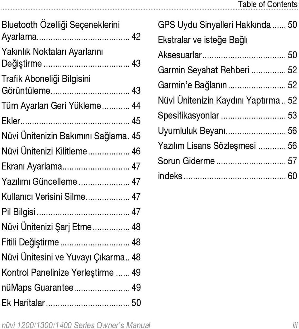 .. 48 Fitili Değiştirme... 48 Nüvi Ünitesini ve Yuvayı Çıkarma.. 48 Kontrol Panelinize Yerleştirme... 49 nümaps Guarantee... 49 Ek Haritalar.