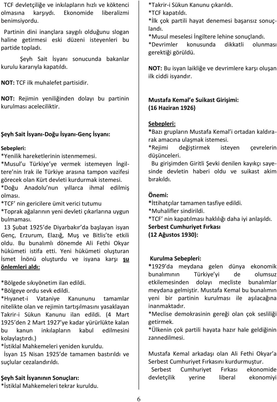 NOT: TCF ilk muhalefet partisidir. NOT: Rejimin yeniliğinden dolayı bu partinin kurulması aceleciliktir. Şeyh Sait İsyanı-Doğu İsyanı-Genç İsyanı: *Yenilik hareketlerinin istenmemesi.