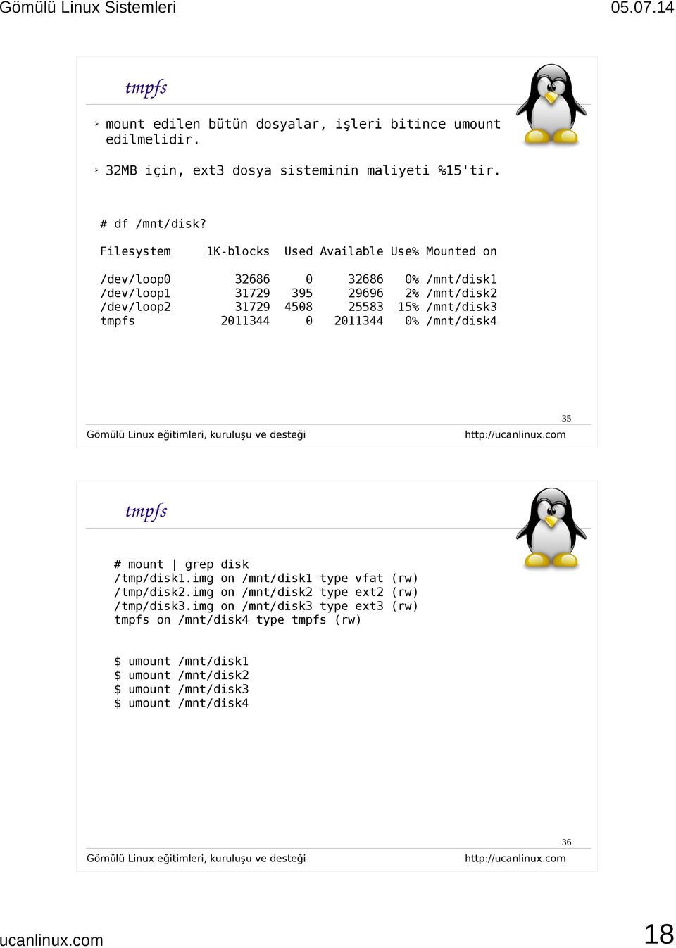 0% 2% 15% 0% /mnt/disk1 /mnt/disk2 /mnt/disk3 /mnt/disk4 35 tmpfs # mount grep disk /tmp/disk1.img on /mnt/disk1 type vfat (rw) /tmp/disk2.