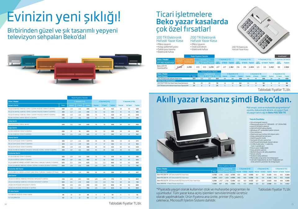 TR Elektronik Hafızalı Yazar Kasa Kredi Dakik* Ürün / Model EFT POS YAZAR KASA Beko 220 TR YazarkasaPos Tavsiye Edilen Perakende Peşin Fiyat (TL) Tavsiye Edilen Perakende Yeni Peşin Fiyat (TL) 1.