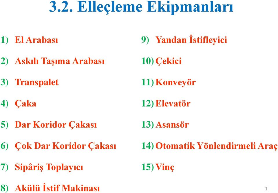 Sipâriş Toplayıcı 8) Akülü İstif Makinası 9) Yandan İstifleyici 10)