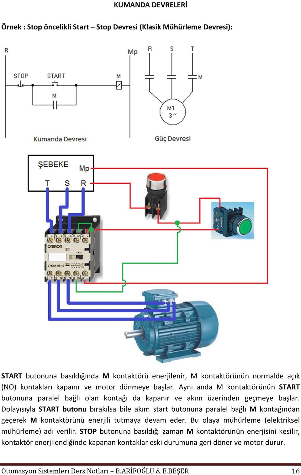 Dolayısıyla START butonu bırakılsa bile akım start butonuna paralel bağlı M kontağından geçerek M kontaktörünü enerjili tutmaya devam eder.