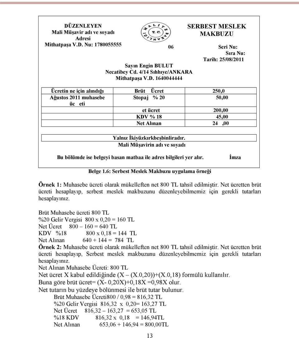 1640044444 Ücretin ne için alındığı Brüt Ücret 250,0 Ağustos 2011 muhasebe Stopaj % 20 50,00 üc eti et ücret 200,00 KDV % 18 45,00 Net Alınan 24,00 Yalnız İkiyüzkırkbeşbinliradır.