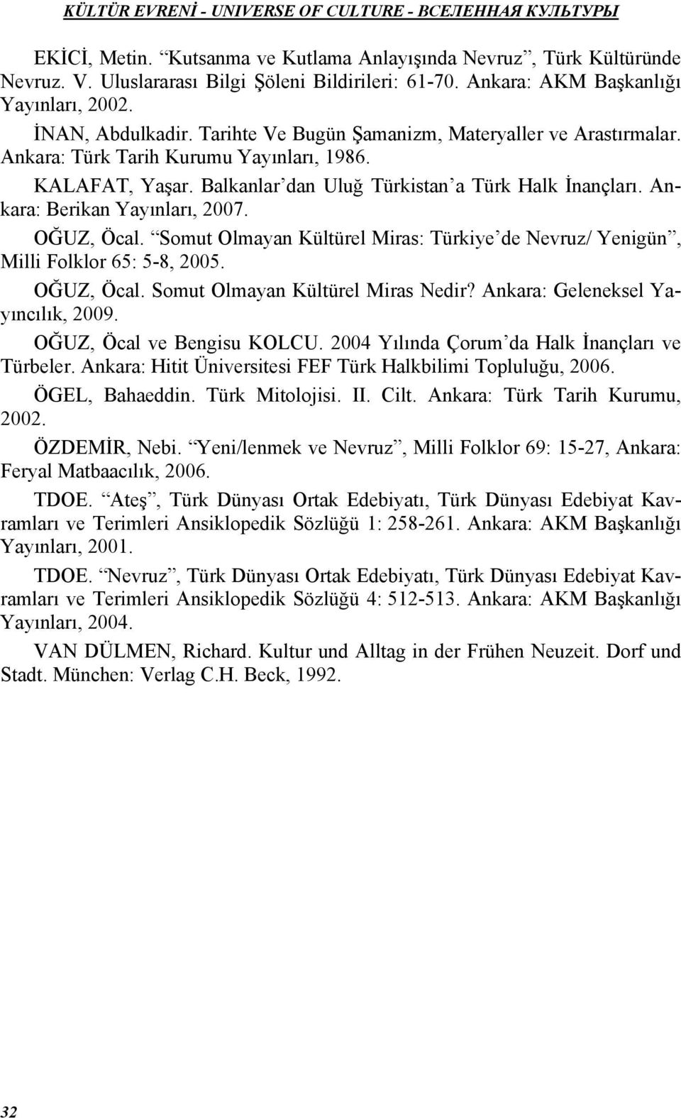 OĞUZ, Öcal. Somut Olmayan Kültürel Miras: Türkiye de Nevruz/ Yenigün, Milli Folklor 65: 5-8, 2005. OĞUZ, Öcal. Somut Olmayan Kültürel Miras Nedir? Ankara: Geleneksel Yayıncılık, 2009.