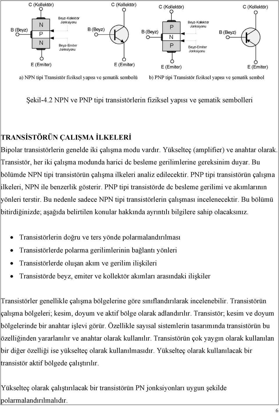 Transistör, her iki çalışma modunda harici dc besleme gerilimlerine gereksinim duyar. Bu bölümde NPN tipi transistörün çalışma ilkeleri analiz edilecektir.