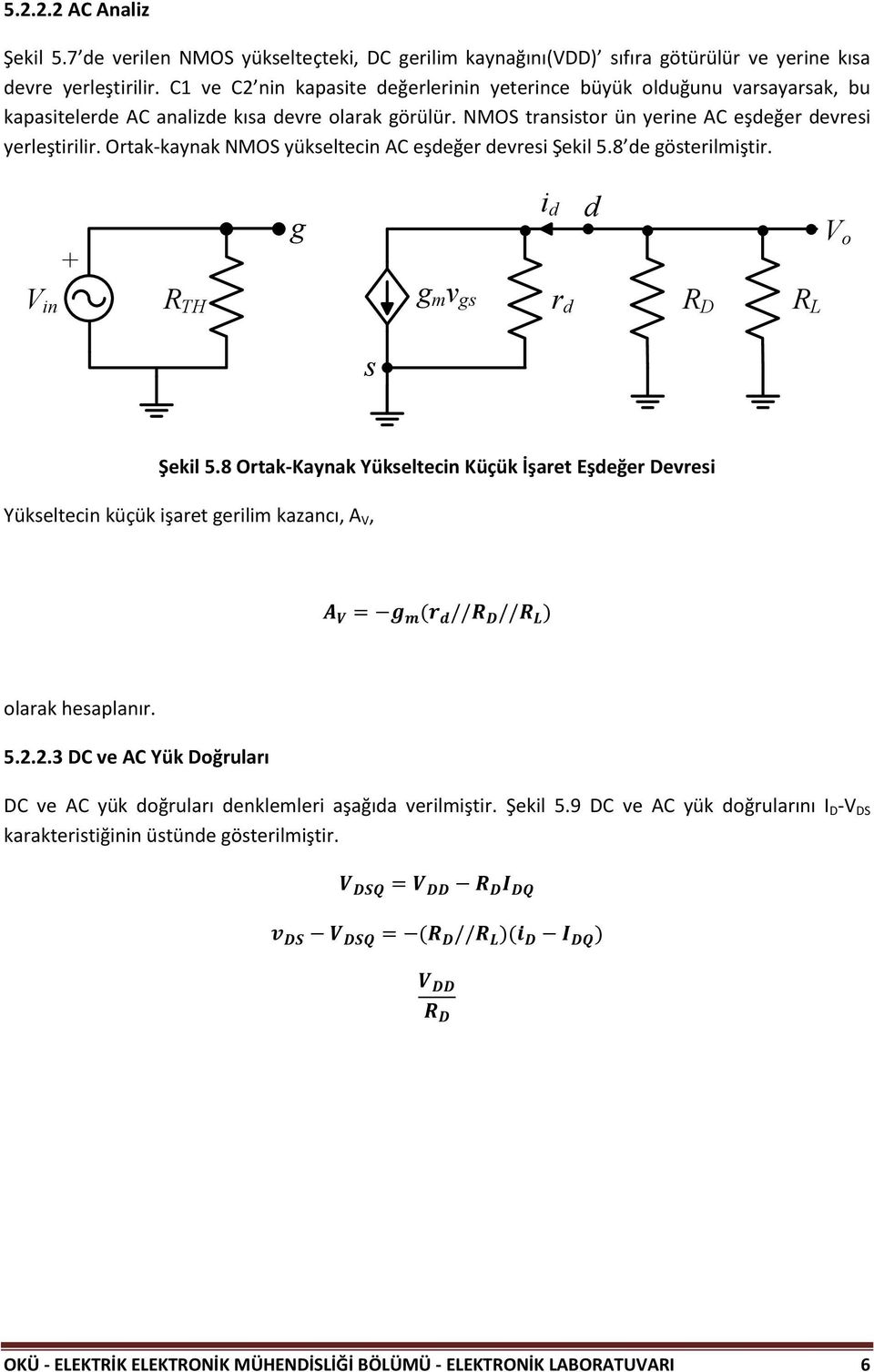 Ortak-kaynak NMOS yükseltecin AC eşdeğer devresi Şekil 5.8 de gösterilmiştir. + g i d V in R TH g m v gs r d R D R L d V o s Şekil 5.