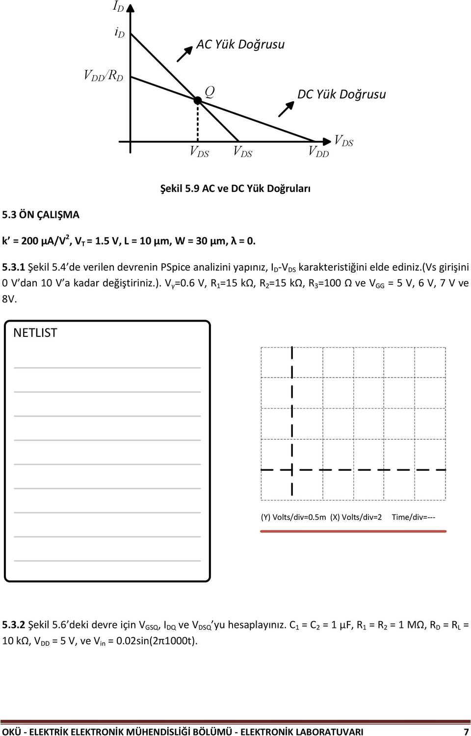 6 V, R 1 =15 kω, R 2 =15 kω, R 3 =100 Ω ve V GG = 5 V, 6 V, 7 V ve 8V. NETLIST (Y) Volts/div=0.5m (X) Volts/div=2 Time/div=--- 5.3.2 Şekil 5.