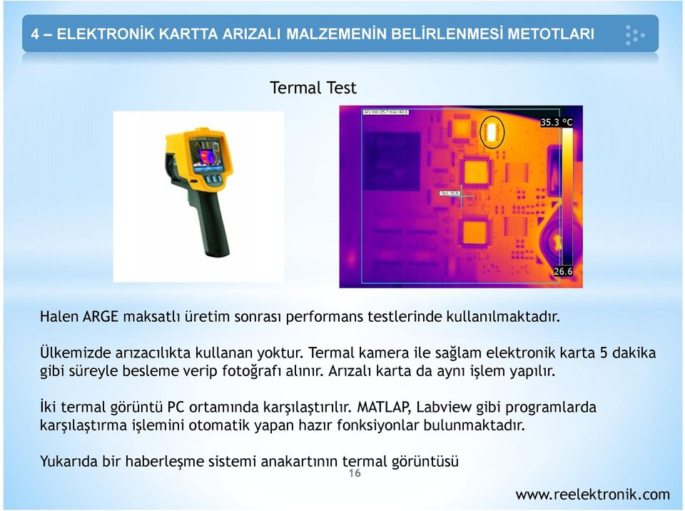 Termal kamera ile sağlam elektronik karta 5 dakika gibi süreyle besleme verip fotoğrafı alınır.