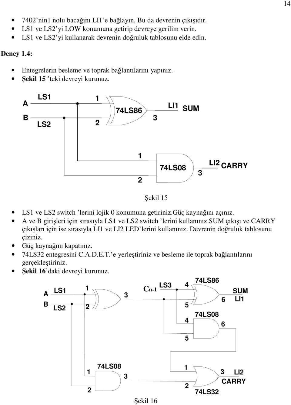 güç kaynağını açınız. A ve B girişleri için sırasıyla LS ve LS2 switch lerini kullanınız.sum çıkışı ve CARRY çıkışları için ise sırasıyla LI ve LI2 LED lerini kullanınız.