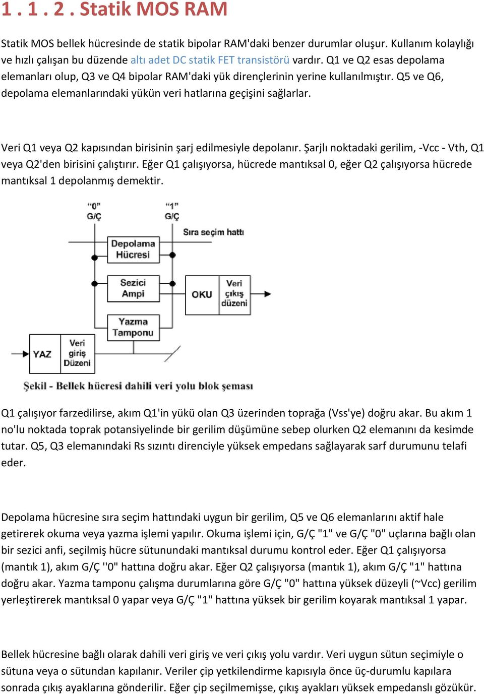 Veri Q1 veya Q2 kapısından birisinin şarj edilmesiyle depolanır. Şarjlı noktadaki gerilim, Vcc Vth, Q1 veya Q2'den birisini çalıştırır.