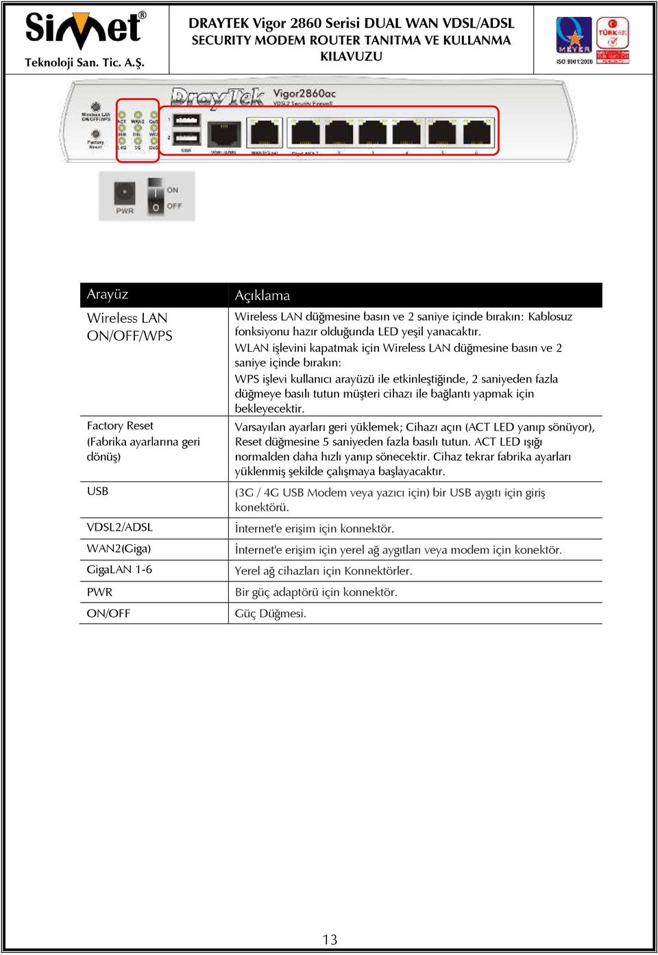 WLAN işlevini kapatmak için Wireless LAN düğmesine basın ve 2 saniye içinde bırakın: WPS işlevi kullanıcı arayüzü ile etkinleştiğinde, 2 saniyeden fazla düğmeye basılı tutun müşteri cihazı ile