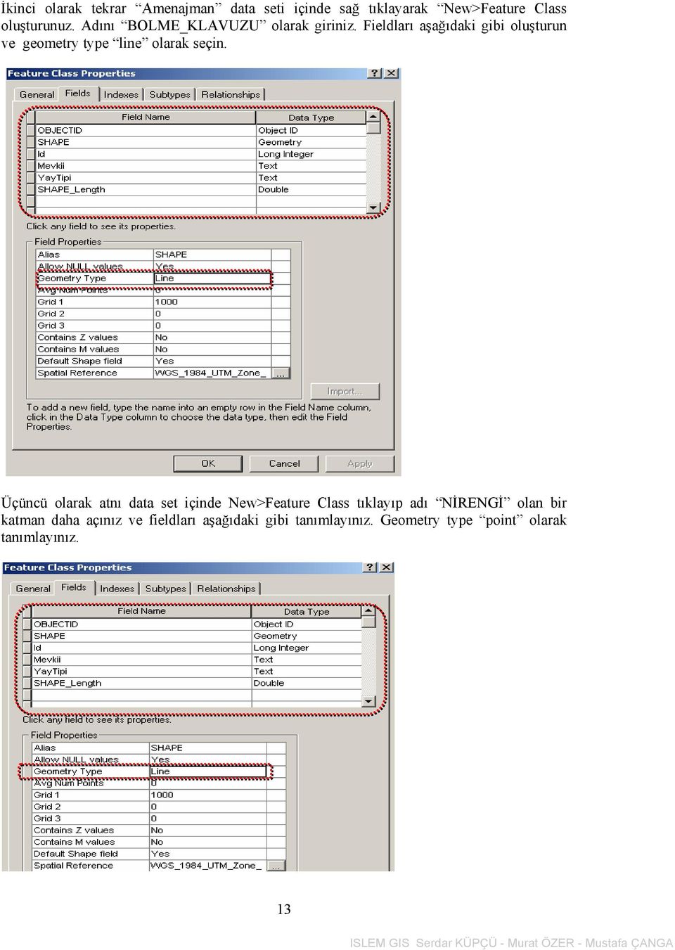 Fieldları aşağıdaki gibi oluşturun ve geometry type line olarak seçin.