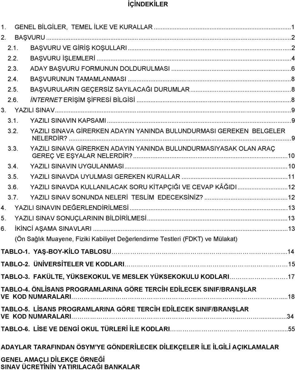 ...9 3.3. YAZILI SINAVA GİRERKEN ADAYIN YANINDA BULUNDURMASIYASAK OLAN ARAÇ GEREÇ VE EŞYALAR NELERDİR?...10 3.4. YAZILI SINAVIN UYGULANMASI...10 3.5. YAZILI SINAVDA UYULMASI GEREKEN KURALLAR...11 3.6.