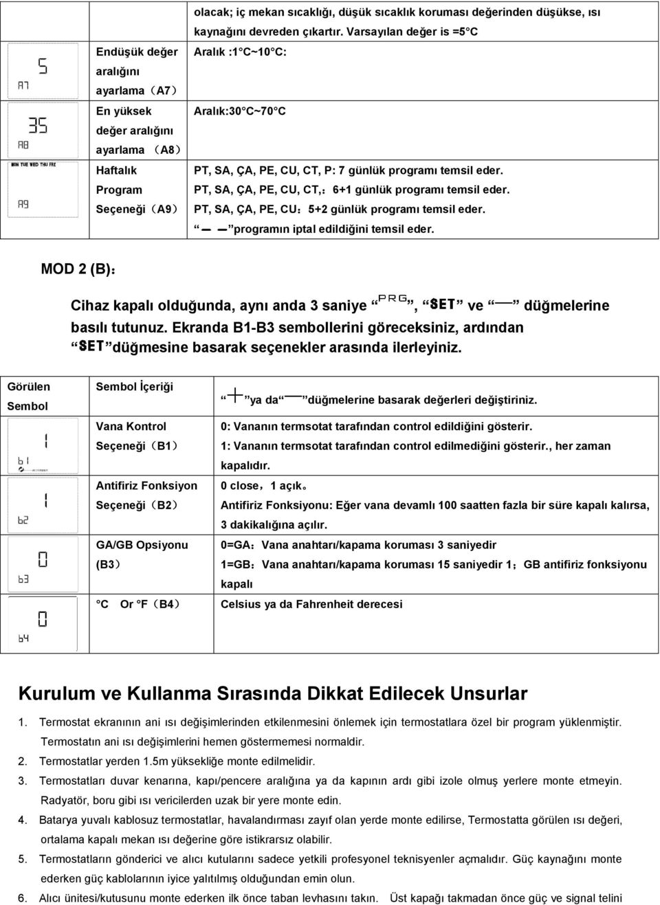 PT, SA, ÇA, PE, CU:5+2 günlük programı temsil eder. programın iptal edildiğini temsil eder. MOD 2 (B): Cihaz kapalı olduğunda, aynı anda 3 saniye, ve düğmelerine basılı tutunuz.