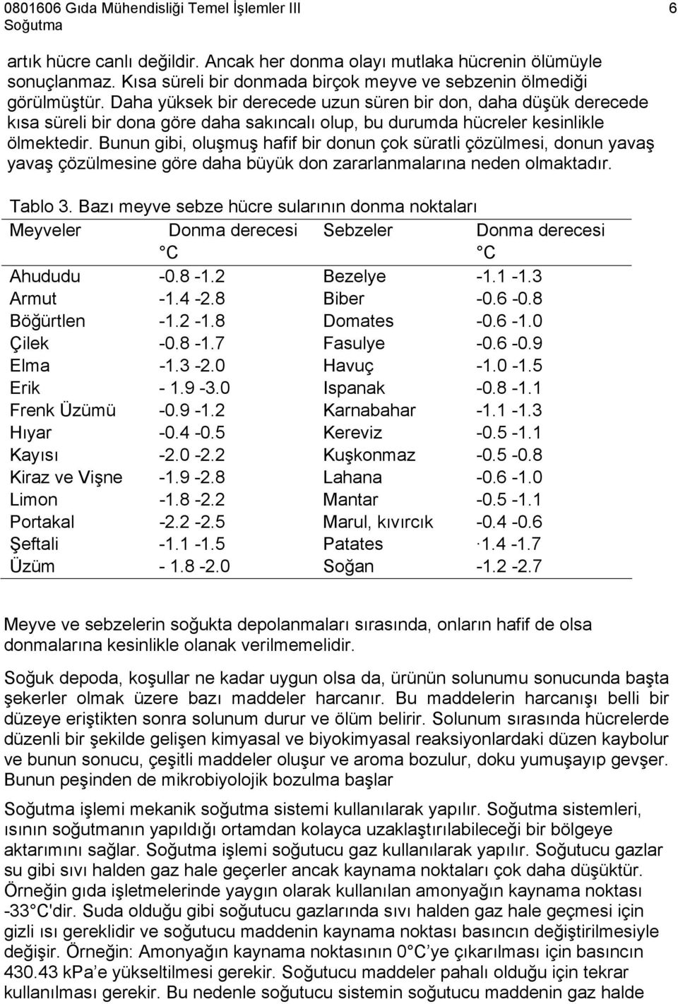 Bunun gibi, oluşmuş hafif bir donun çok süratli çözülmesi, donun yavaş yavaş çözülmesine göre daha büyük don zararlanmalarına neden olmaktadır. Tablo 3.