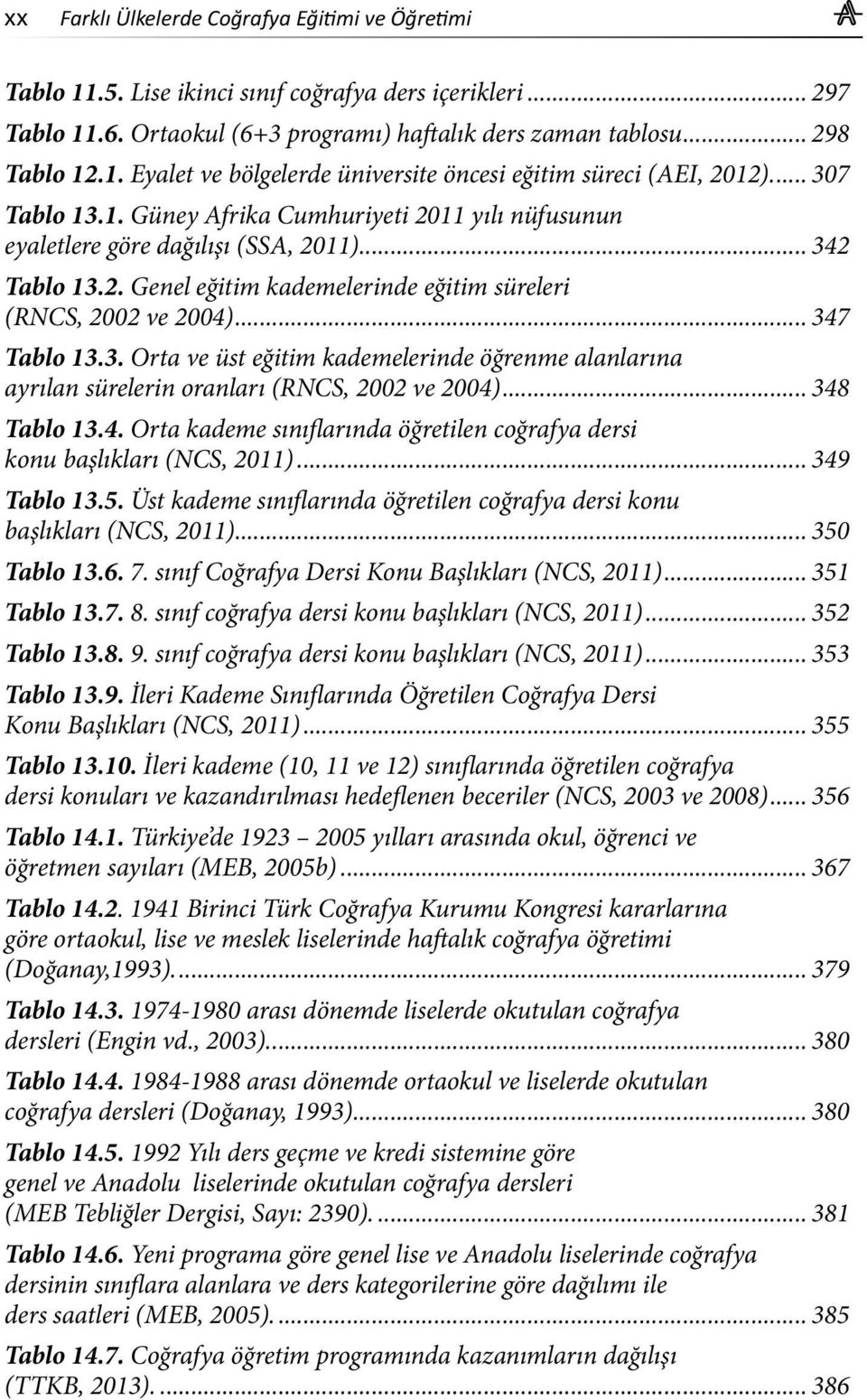 3. Orta ve üst eğitim kademelerinde öğrenme alanlarına ayrılan sürelerin oranları (RNCS, 2002 ve 2004)... 348 Tablo 13.4. Orta kademe sınıflarında öğretilen coğrafya dersi konu başlıkları (NCS, 2011).