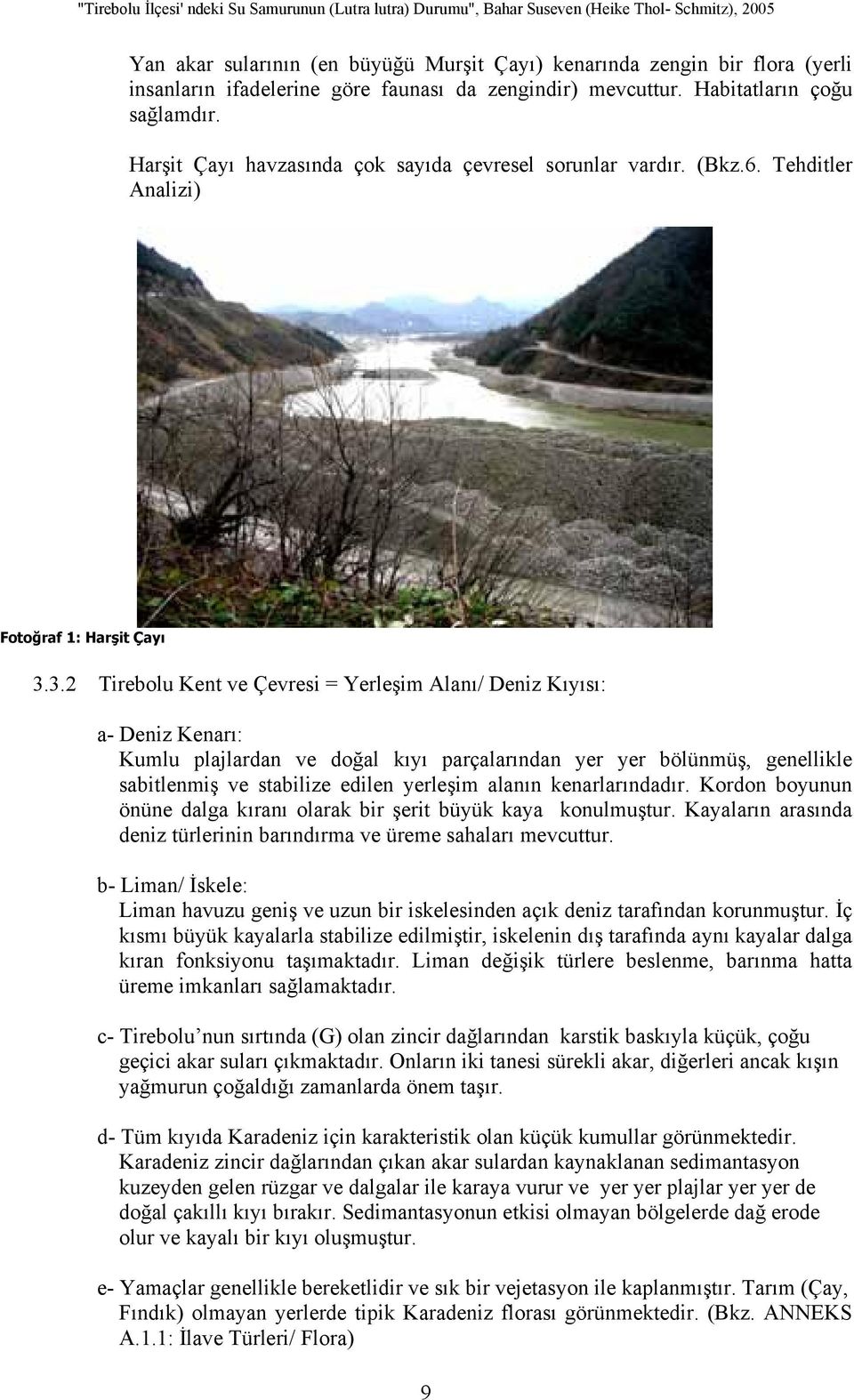 3.2 Tirebolu Kent ve Çevresi = Yerleşim Alanı/ Deniz Kıyısı: a- Deniz Kenarı: Kumlu plajlardan ve doğal kıyı parçalarından yer yer bölünmüş, genellikle sabitlenmiş ve stabilize edilen yerleşim alanın