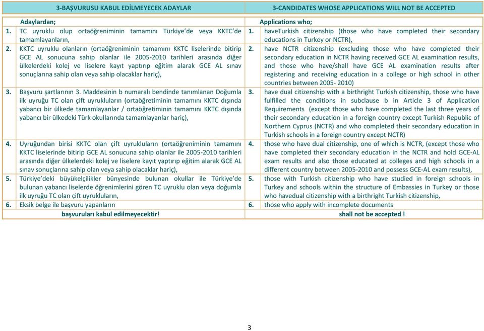 alarak GCE AL sınav sonuçlarına sahip olan veya sahip olacaklar hariç), 3. Başvuru şartlarının 3.
