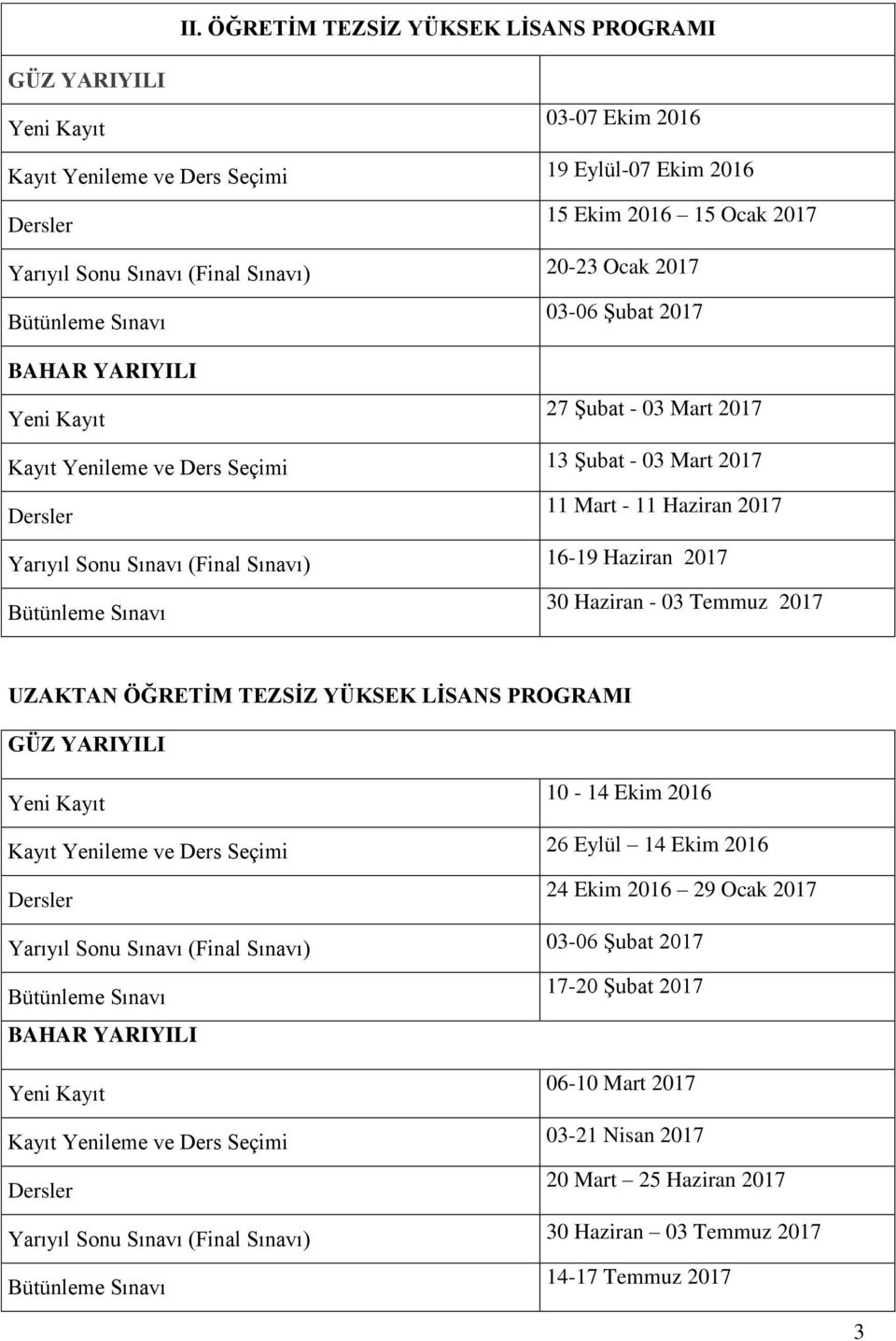 Sınavı) 16-19 Haziran 2017 Bütünleme Sınavı 30 Haziran - 03 Temmuz 2017 UZAKTAN ÖĞRETİM TEZSİZ YÜKSEK LİSANS PROGRAMI Yeni Kayıt 10-14 Ekim 2016 Kayıt Yenileme ve Ders Seçimi 26 Eylül 14 Ekim 2016