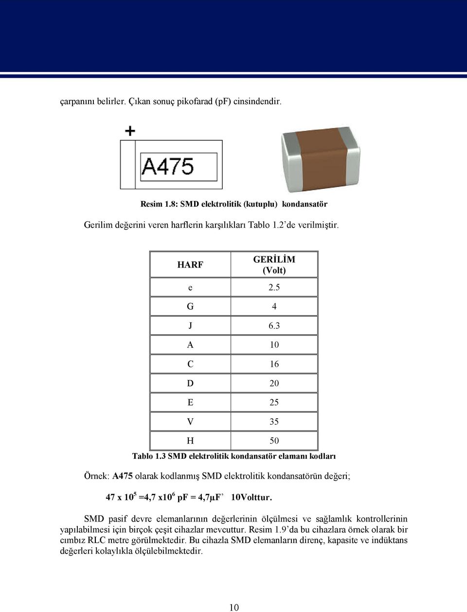 3 SMD elektrolitik kondansatör elamanı kodları Örnek: A475 olarak kodlanmış SMD elektrolitik kondansatörün değeri; 47 x 10 5 =4,7 x10 6 pf = 4,7µF 10Volttur.